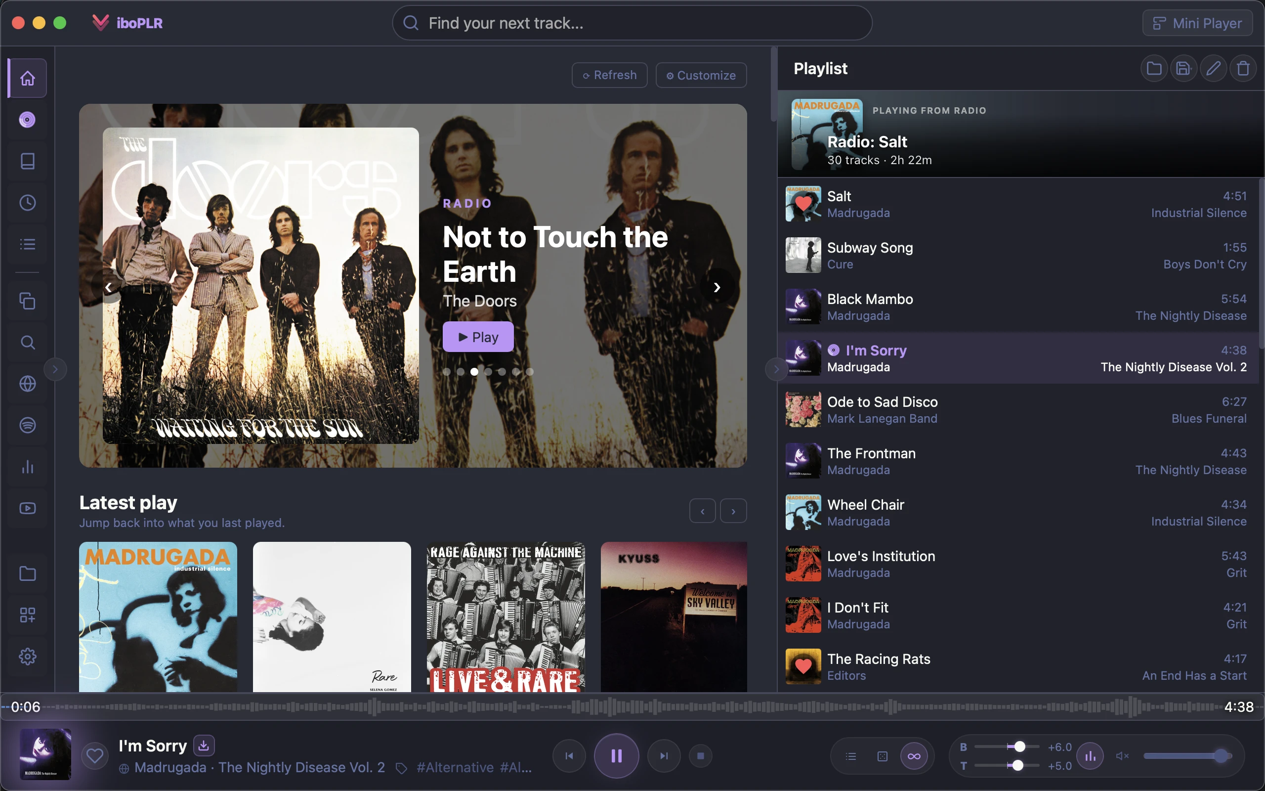 Viboplr home view with radio stations, shelves, and a playing queue